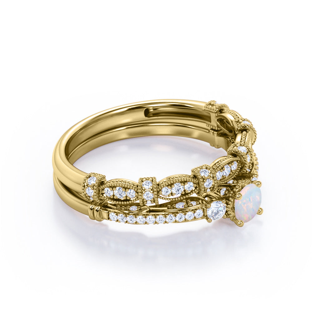 Antique Bead décor 1.7 carat Round cut Ethiopian Opal and diamond art nouveau style wedding ring set in White gold