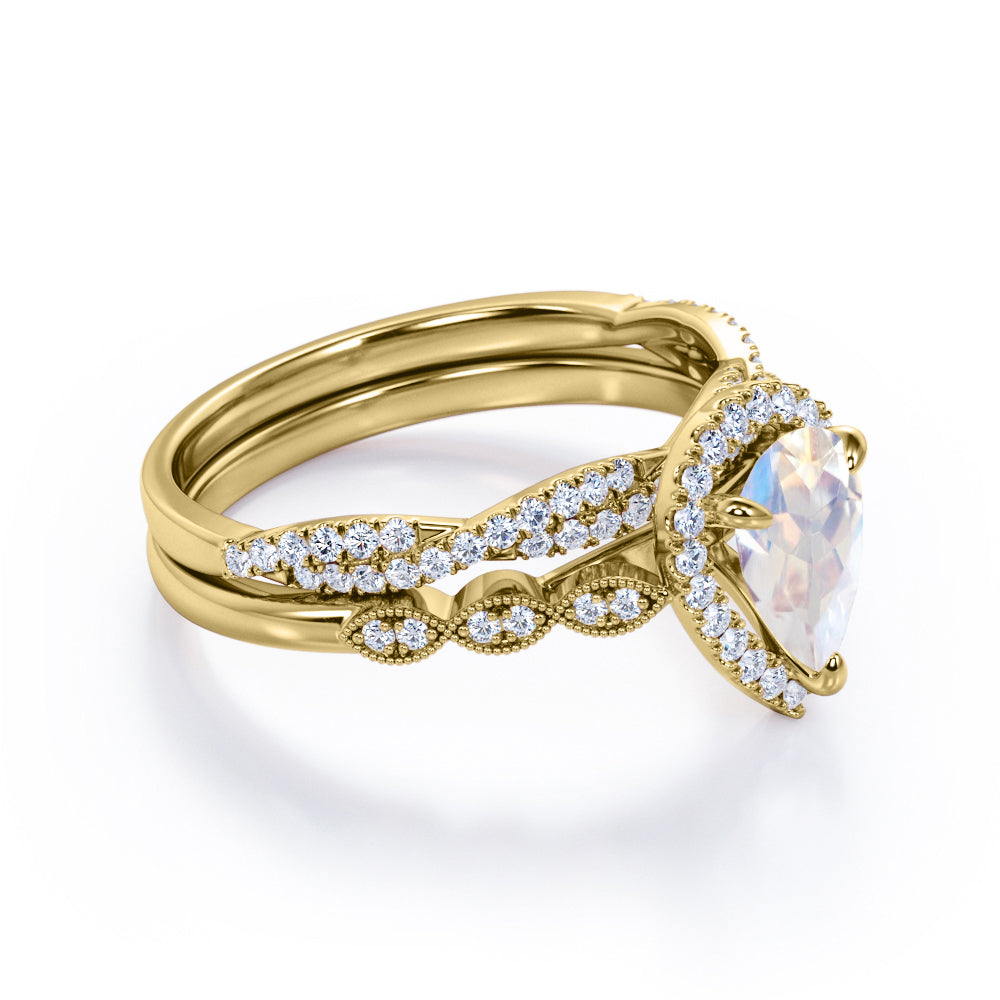 Art deco Antique 1.75 carat Pear shaped Milgrain Moonstone and diamond Wedding ring set- Anniversary ring in White gold