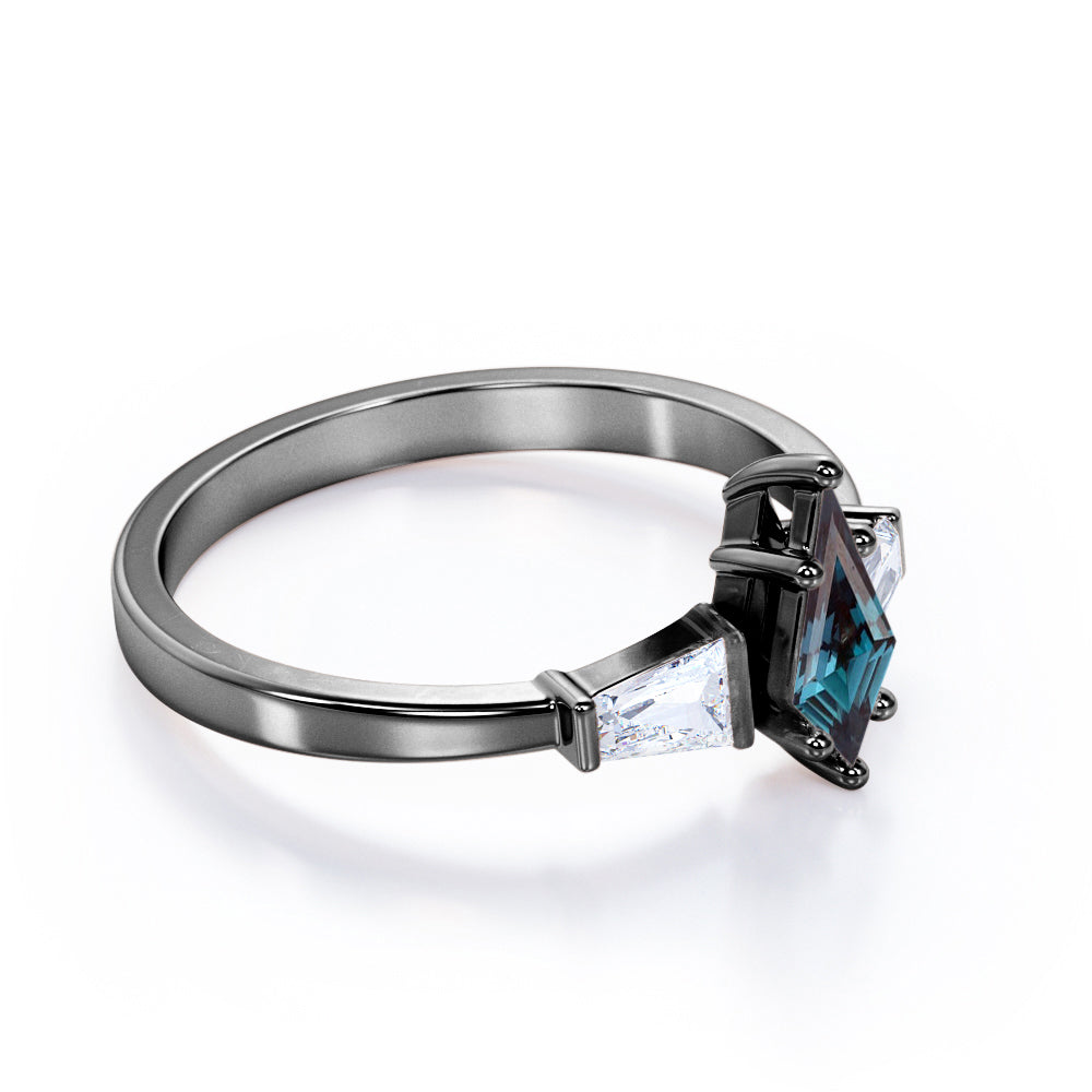 Baguette style 1.1 carat Kite shaped Alexandrite and diamond unique three stone engagement ring in White gold