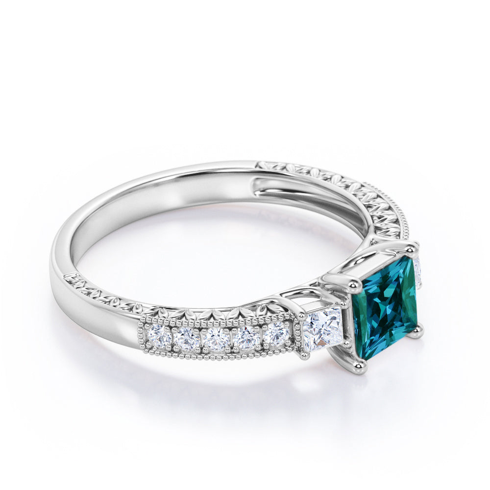 Milgrain Trilogy 1.25 carat Princess cut Alexandrite and diamond antique art deco engagement ring in Rose gold