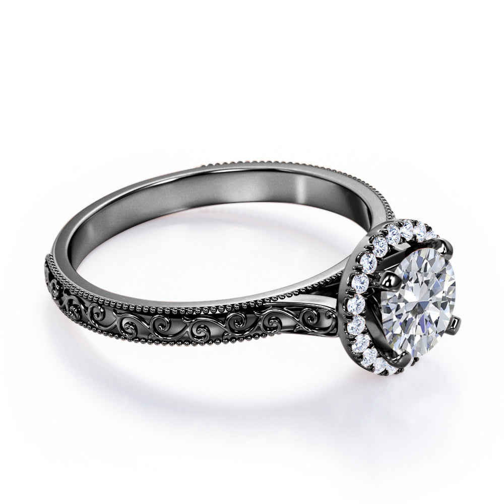 Filigree engraved 1.15 carat Round cut Moissanite and diamond Edwardian engagement ring in Rose gold