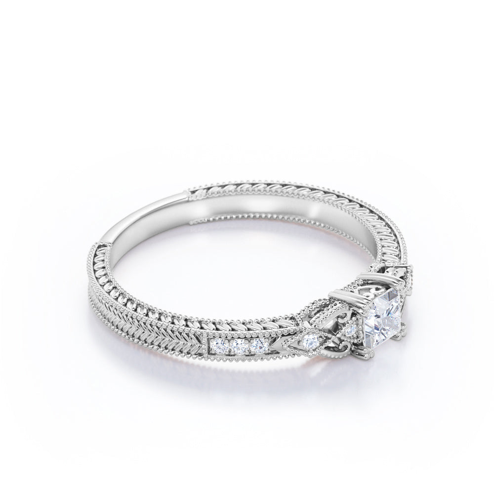 Intricate 1.1 carat Princess cut Moissanite and diamond Edwardian art deco engagement ring in Rose gold