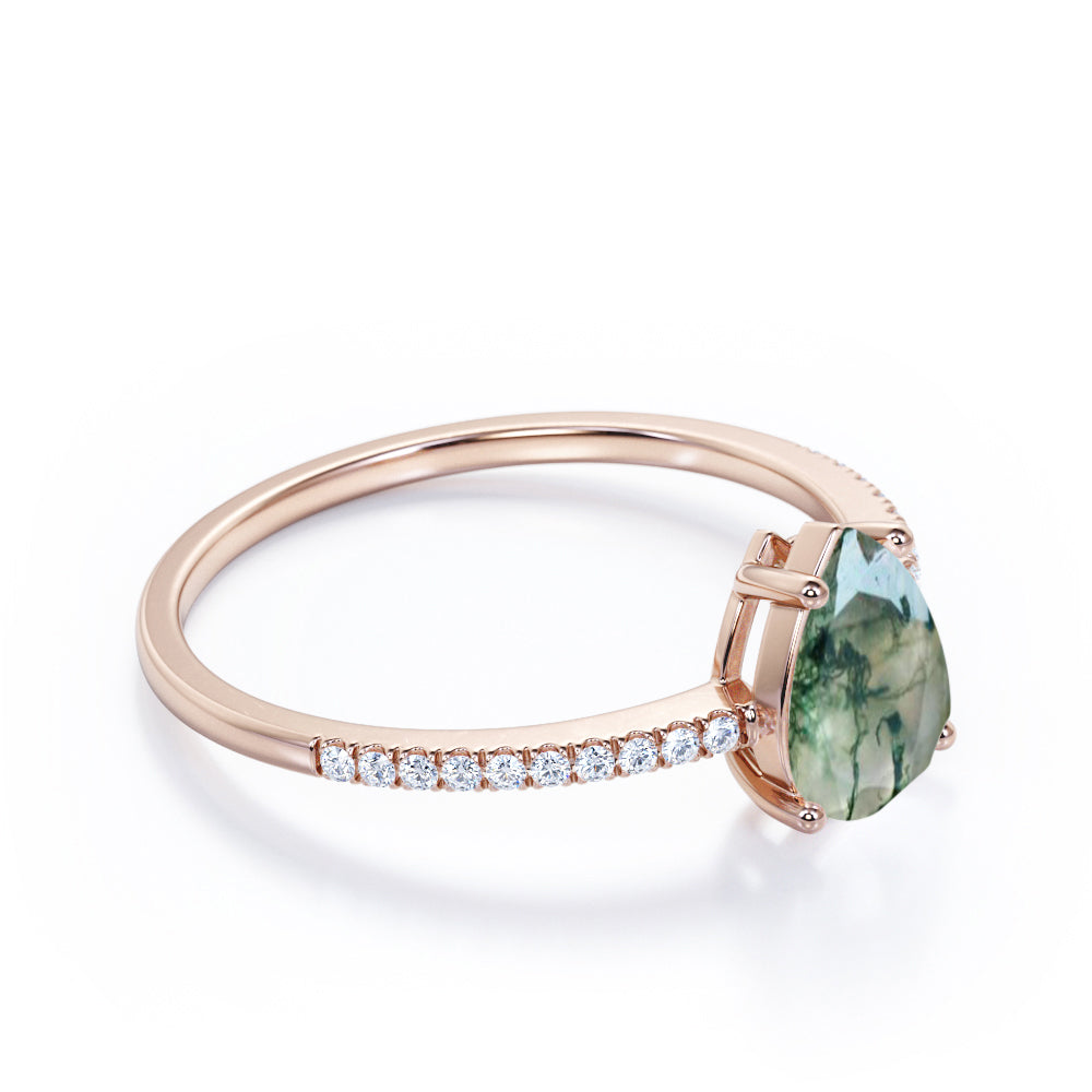 Simple Basket set 1.25 carat Pear shaped Moss Green Agate and diamond engagement ring in White gold