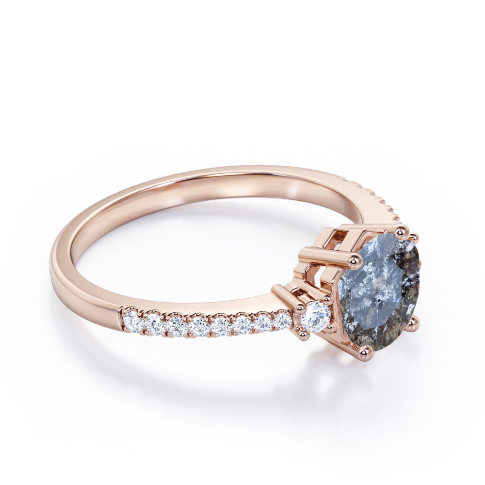 Basket Prong style 0.75 carat Round cut Salt and pepper diamond and White diamond-trio stone-eternity engagement ring in White gold