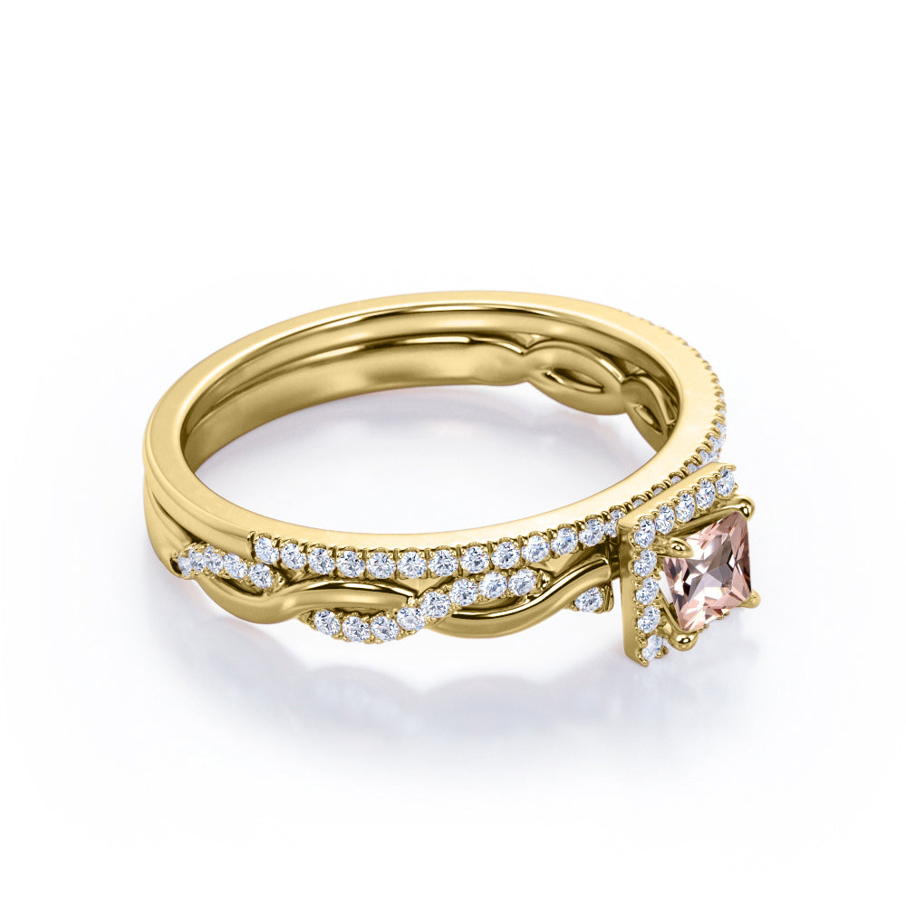 Unique Snake Twists 1 carat Princess cut Natural Morganite and diamond pave setting wedding ring set for women in Rose gold