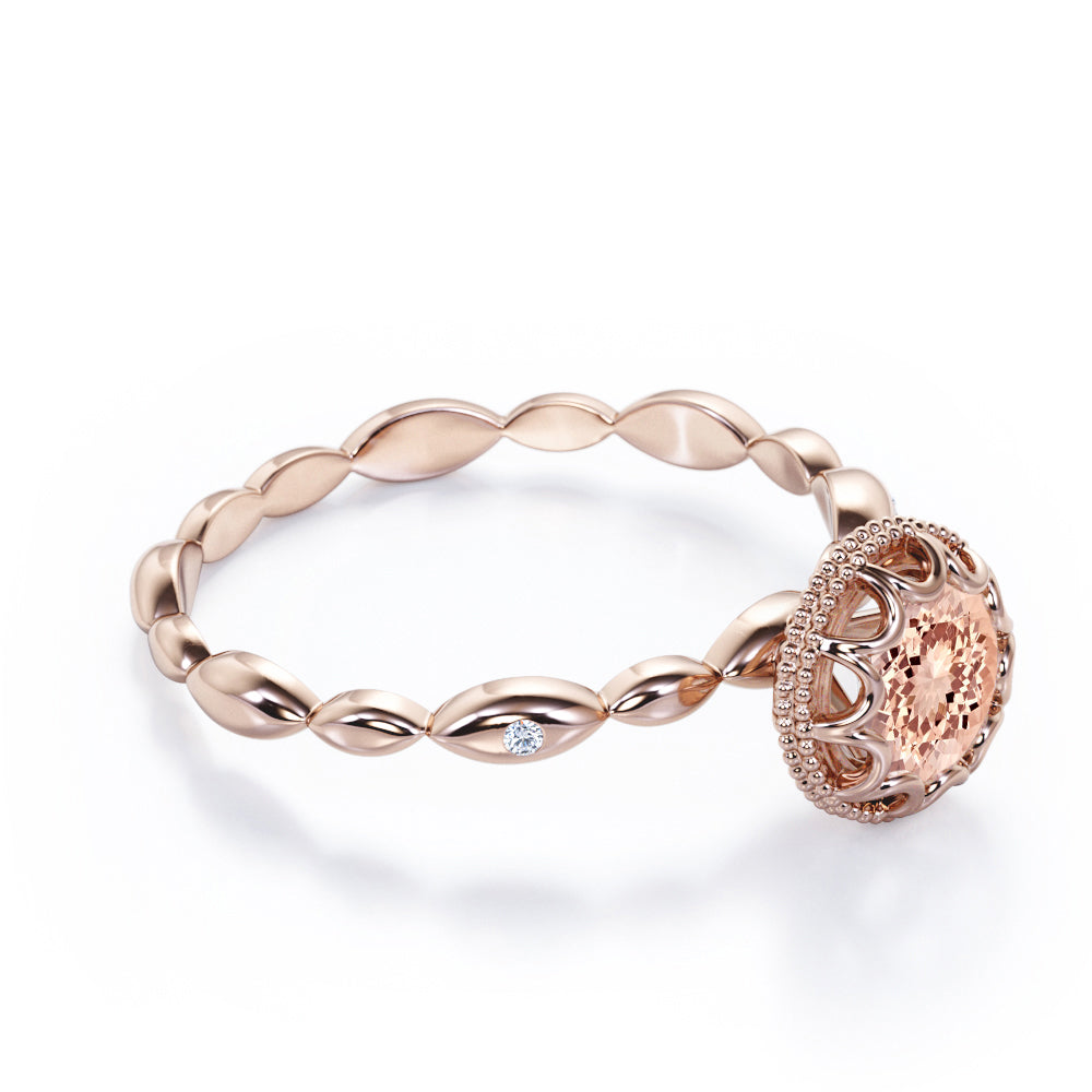 Floral Halo 1 carat Round cut Morganite and diamond scalloped Milgrain engagement ring in Black gold