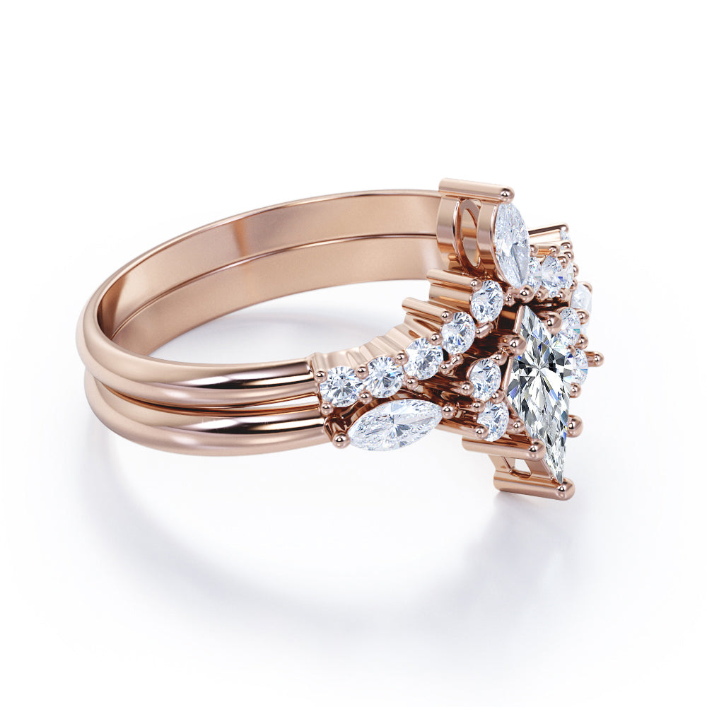 Boho inspired 1.5 carat Kite shaped Moissanite and diamond chevron wedding ring set in yellow gold