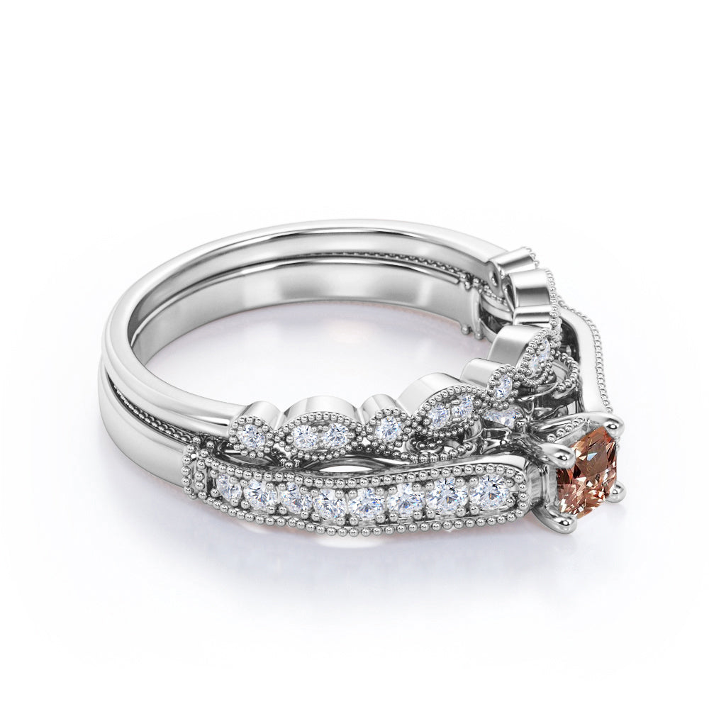 Milgrain Bead Scrollwork 0.75 carat Round cut Peach Morganite and diamond cathedral style wedding ring set in Rose gold