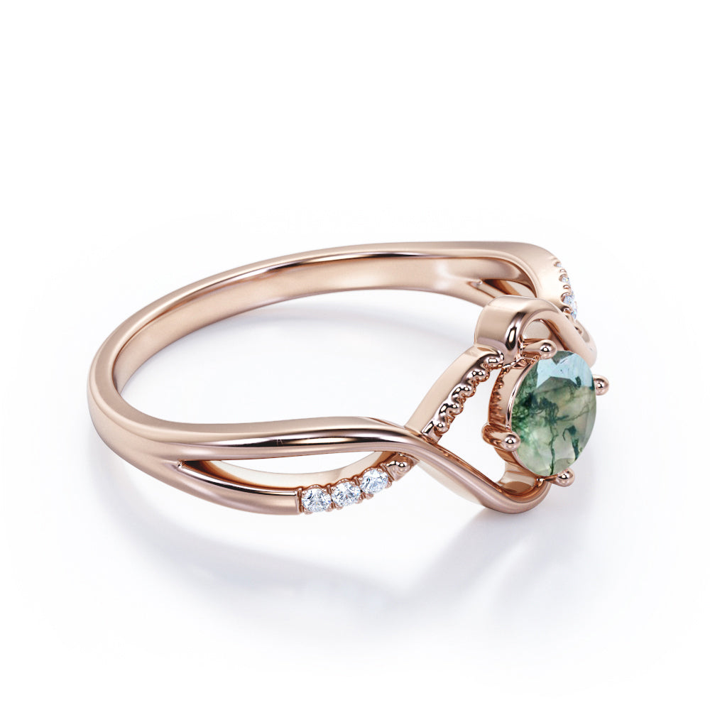 Infinity shank 1.15 carat Round cut Moss Green Agate and diamond milgrain engagement ring in White gold
