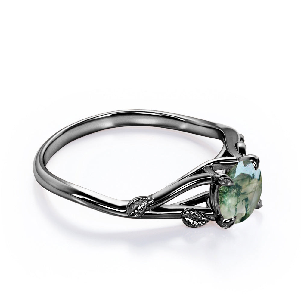 Branchlet Shank 1 carat Round cut Moss Green Agate vine and leaf engagement ring in White gold