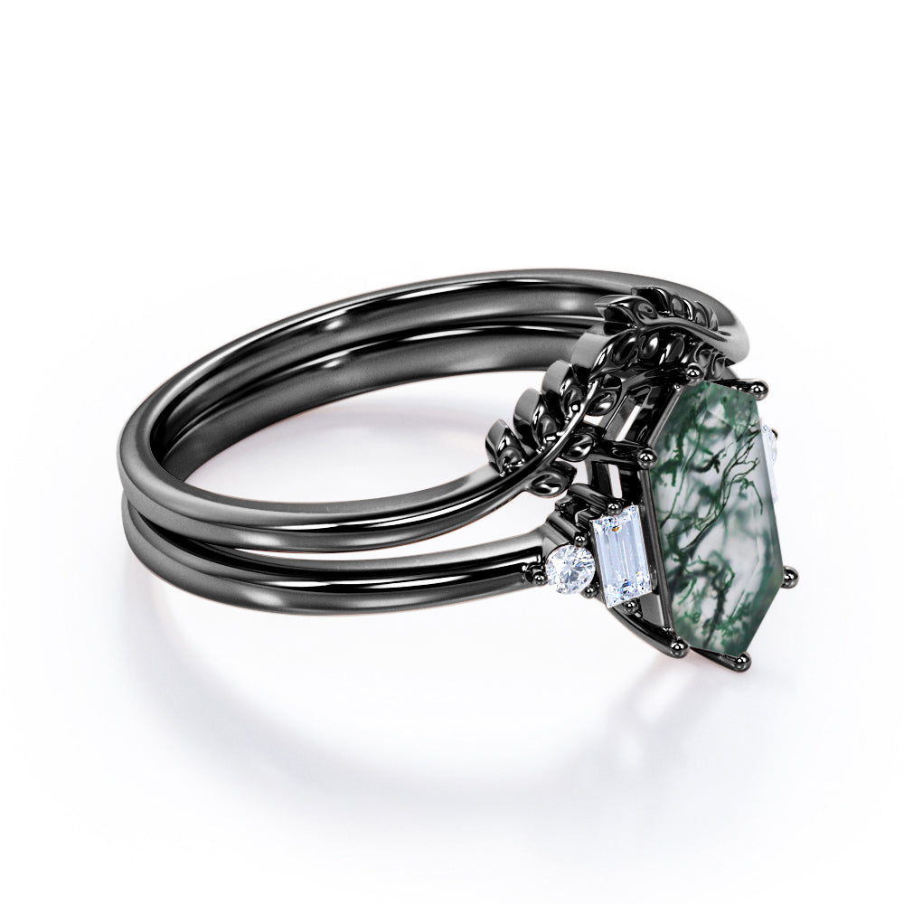Leaf inspired Chevron 1.1 carat Hexagon shaped Moss Green Agate and diamond wedding ring set in Rose gold