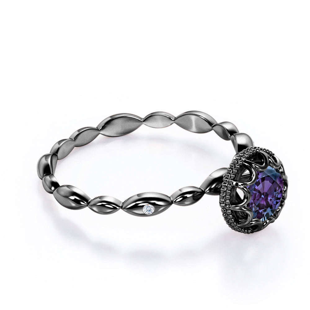 Vintage Scalloped 0.5 carat Round cut Synthetic Alexandrite and diamond milgrain halo engagement ring in White gold