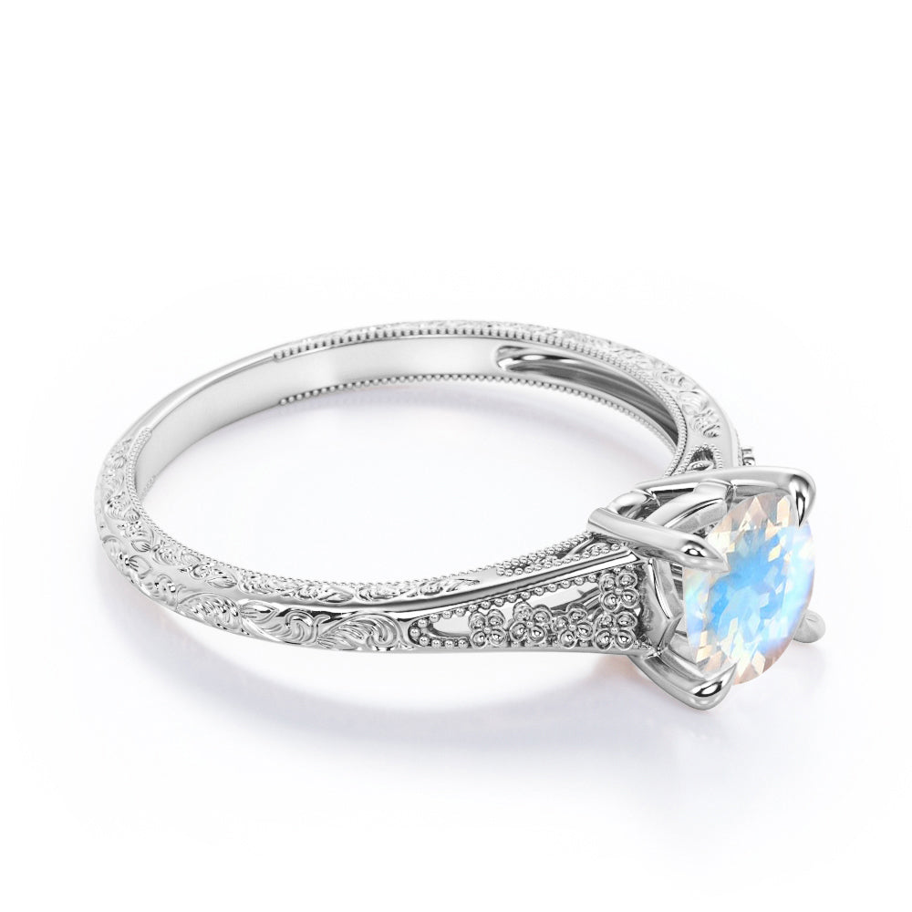 Solitaire 1 carat Round cut Moonstone claw prong setting-filigree split shank engagement ring in Rose gold