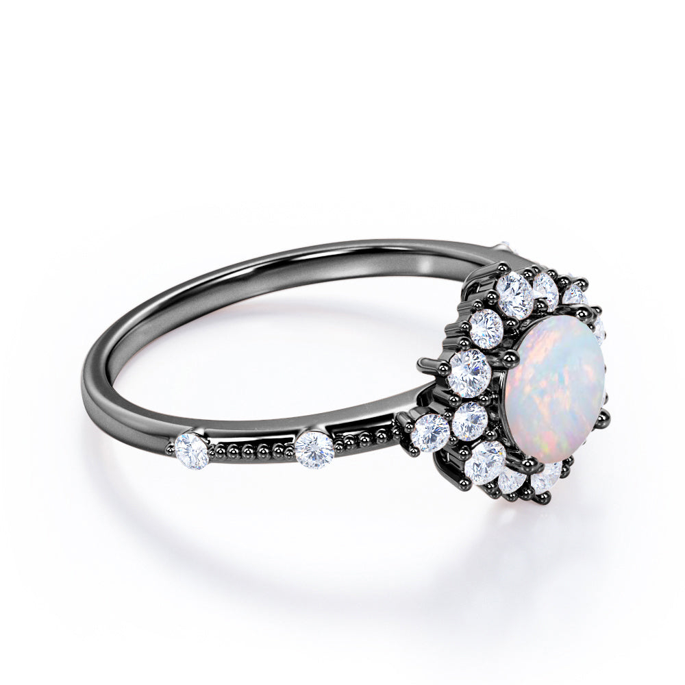 Floral art inspired 1.20 carat Round cut Ethiopian Opal and diamond-engraved-cluster halo engagement ring White gold