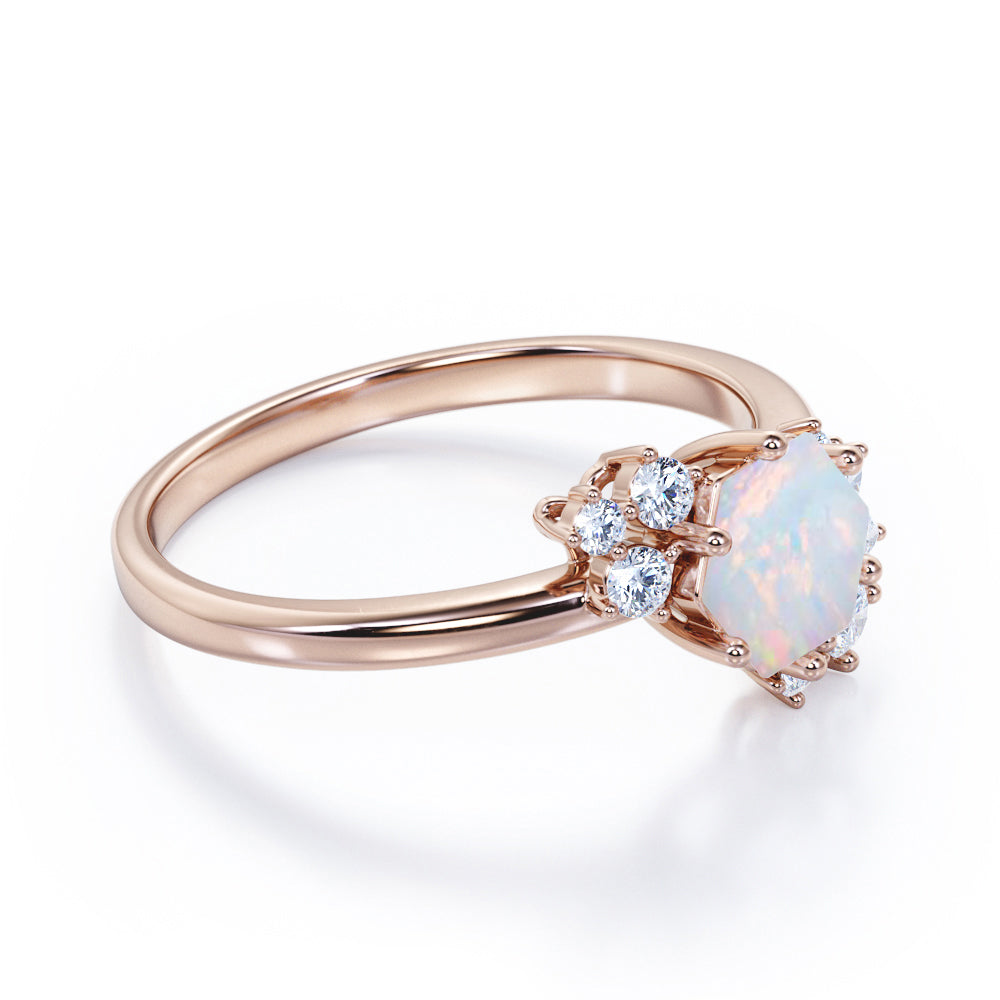 Artistic modern 1.2 carat Hexagon shape Ethiopian Opal and diamond Bridal set for women in White gold