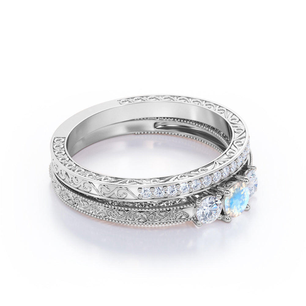 Past Present future 1.25 carat Round cut Vintage art deco Moonstone and diamond wedding ring set for her