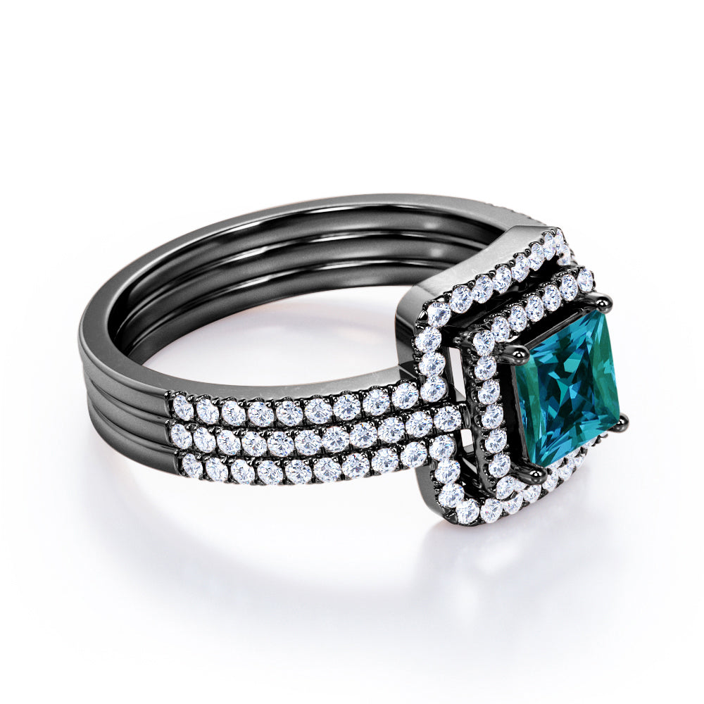 Elegant Eternity 1.75 carat Princess cut Lab created Alexandrite and diamond trio wedding ring set for women in White gold