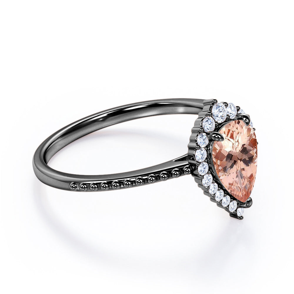 Eccentric Halo 1.25 carat Pear cut Morganite and diamond engraved vintage style engagement ring in Rose gold