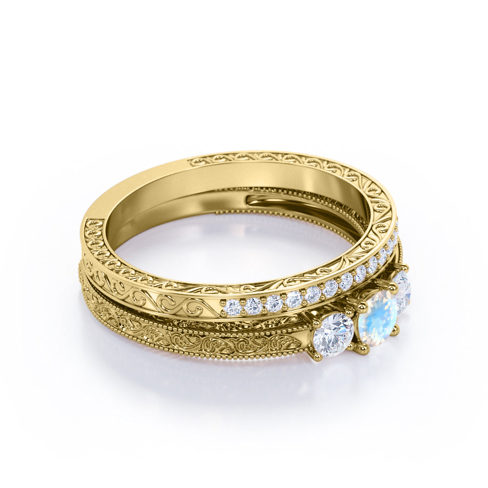 Past Present future 1.25 carat Round cut Vintage art deco Moonstone and diamond wedding ring set for her