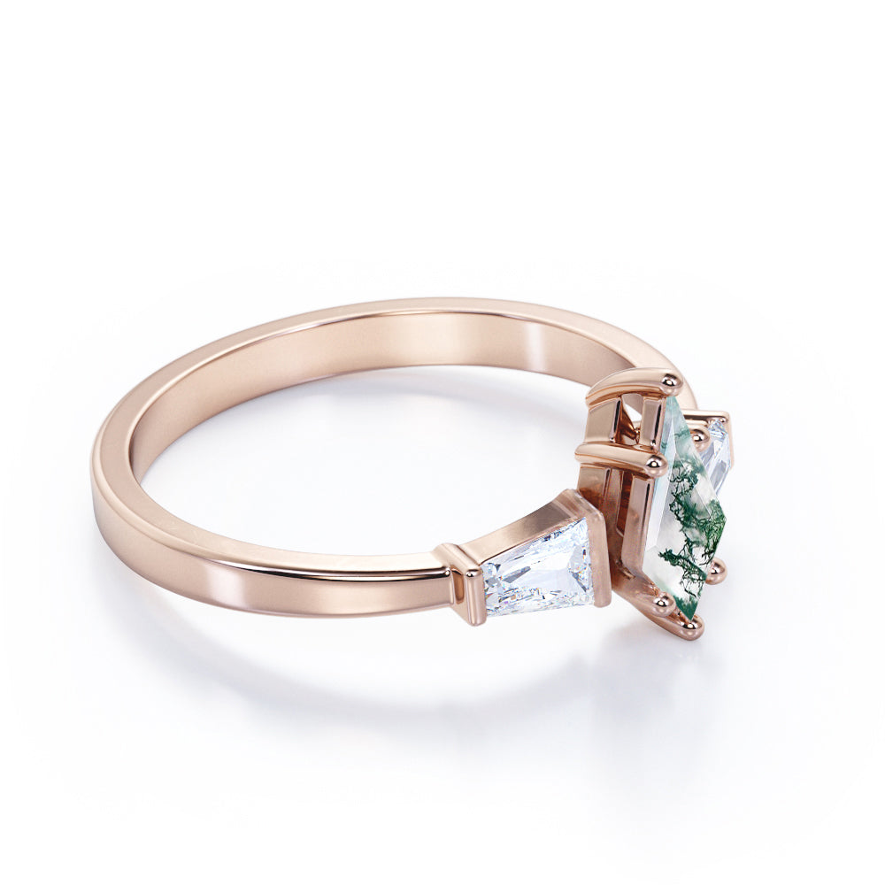 Contemporary three stone 1.2 carat Kite shape Moss Green Agate and diamond baguette style engagement ring in White gold