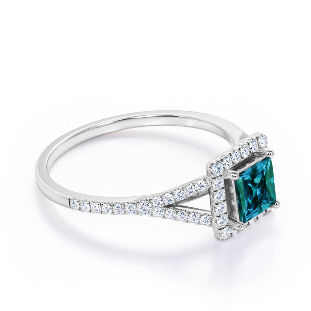 Antique French Pave 1.35 carat Princess cut Synthetic Alexandrite and diamond split shank style engagement ring in Rose gold