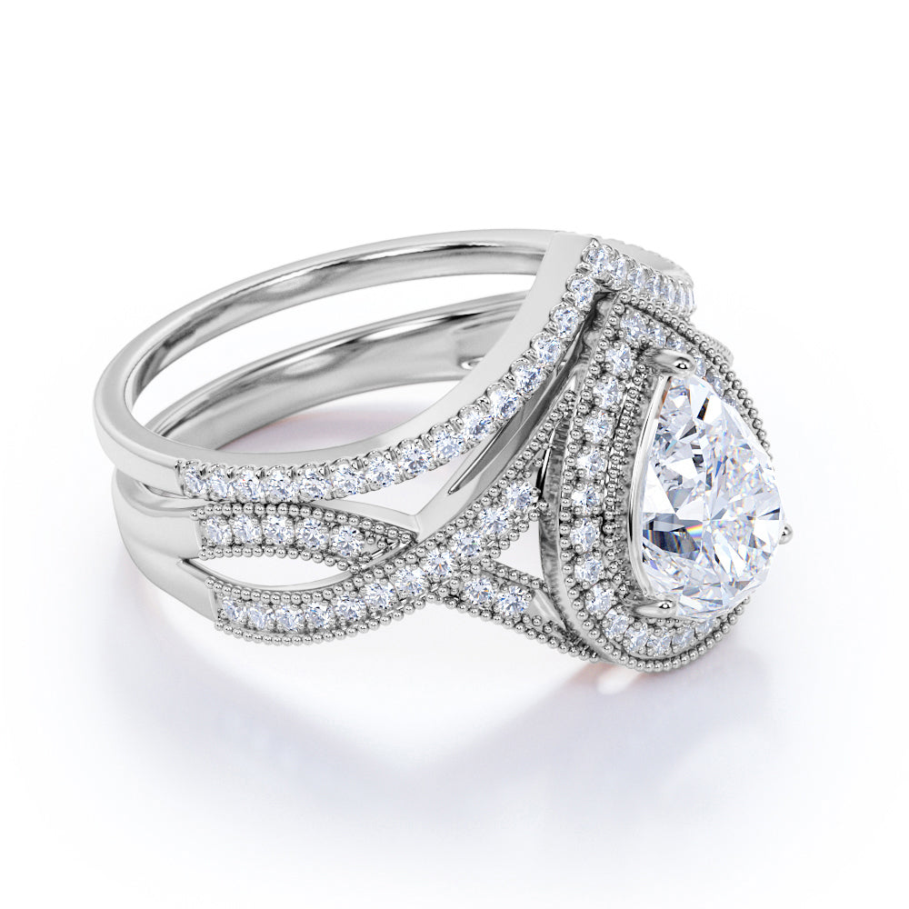 Vintage milgrain 1.75 carat pear shape Moissanite milgrain Wedding Ring Set in Rose Gold