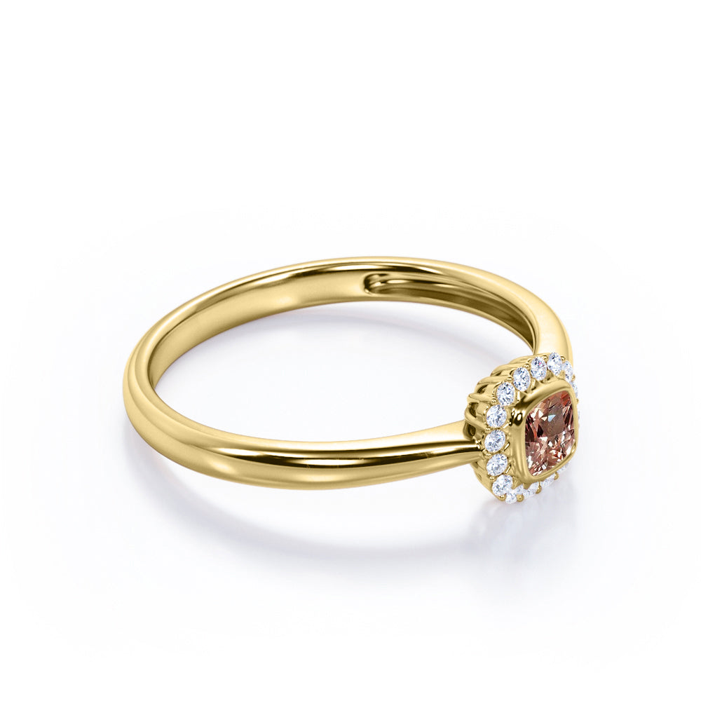 Pinched Shank setting 0.65 carat Cushion cut Morganite and diamond Floral halo engagement ring in White gold