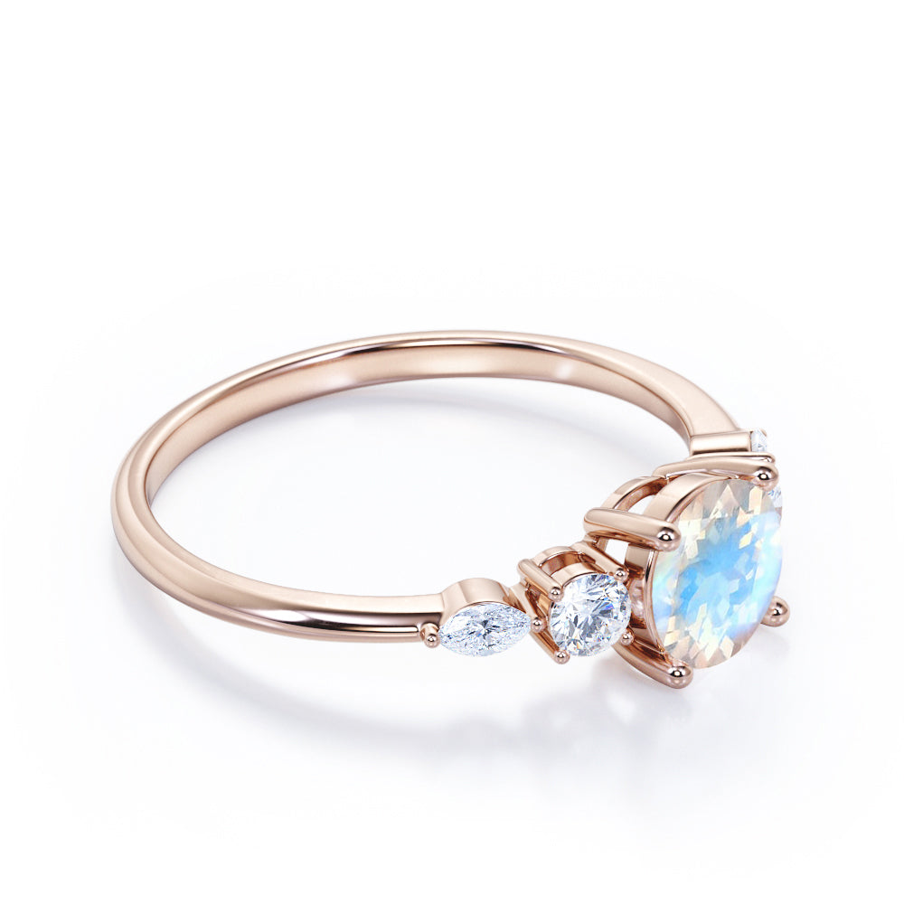 Artistic Five stone 1.1 carat Round cut Moonstone and diamond pinched shank engagement ring in Black gold