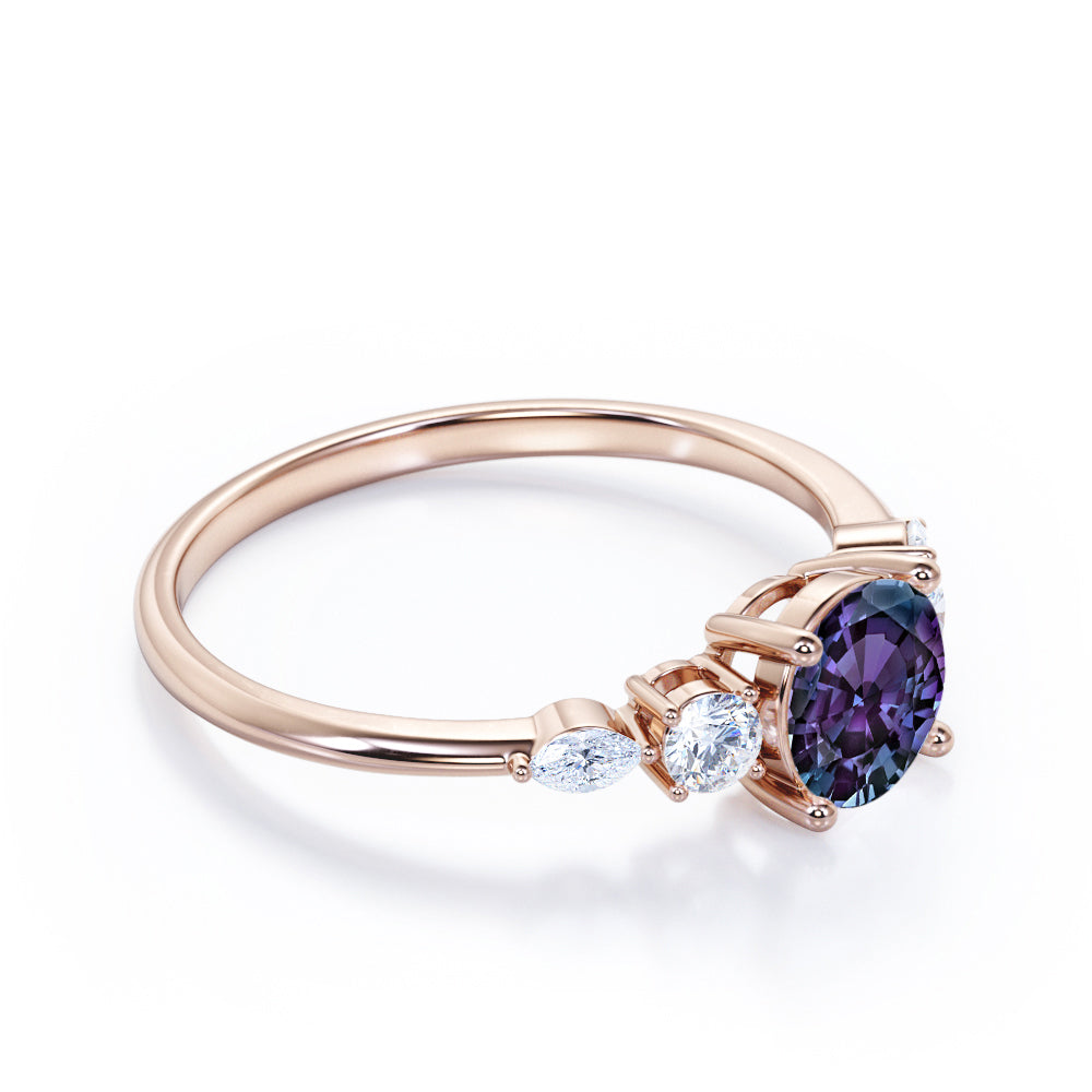 Button Prong style 0.65 carat Round cut Synthetic Alexandrite and diamond five stone engagement ring in White gold