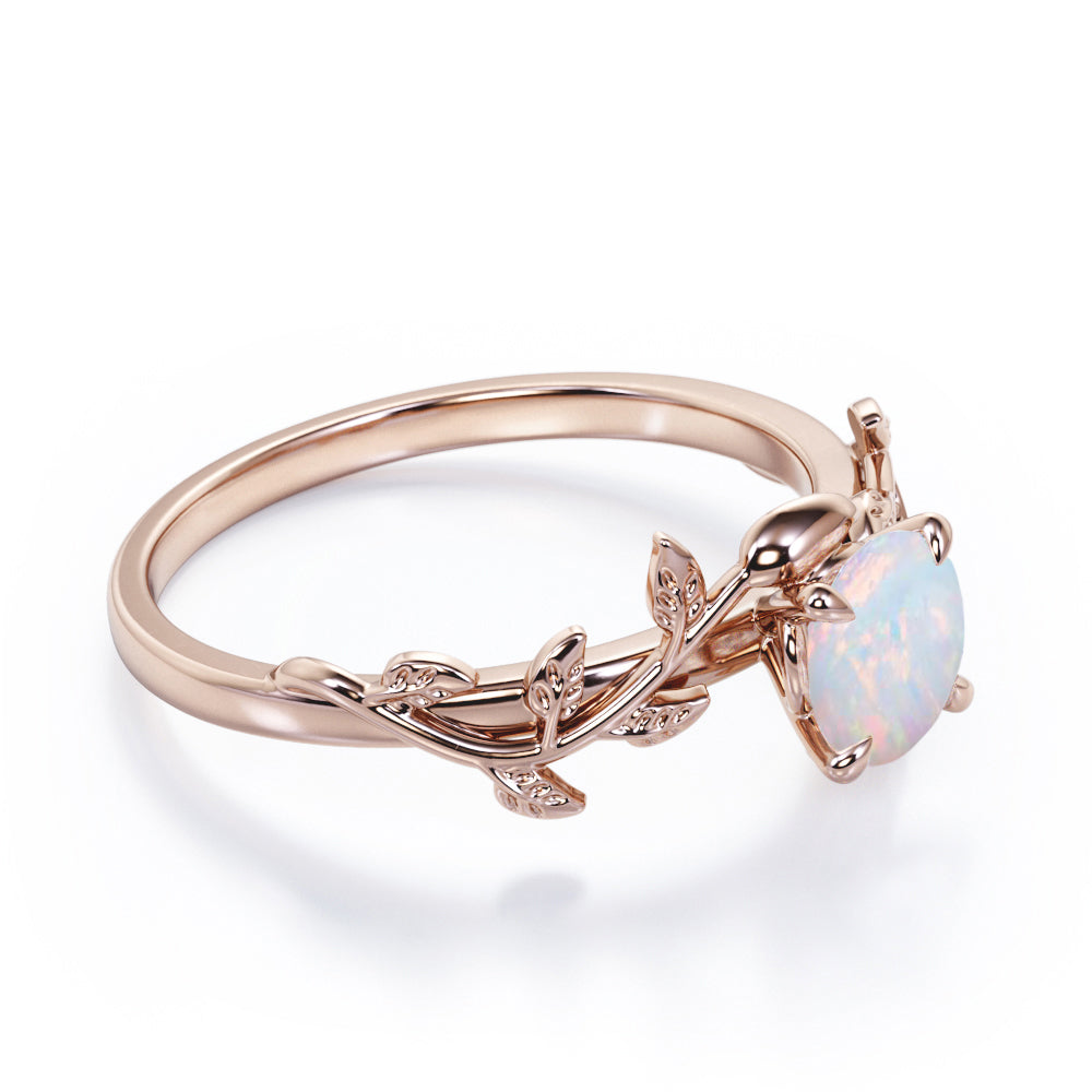 Classic nature inspired 1 carat Round cut Australian Opal vine and leaf engagement ring in White gold