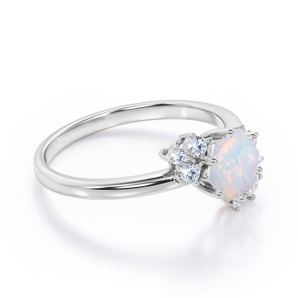 Artistic modern 1.2 carat Hexagon shape Ethiopian Opal and diamond Bridal set for women in White gold