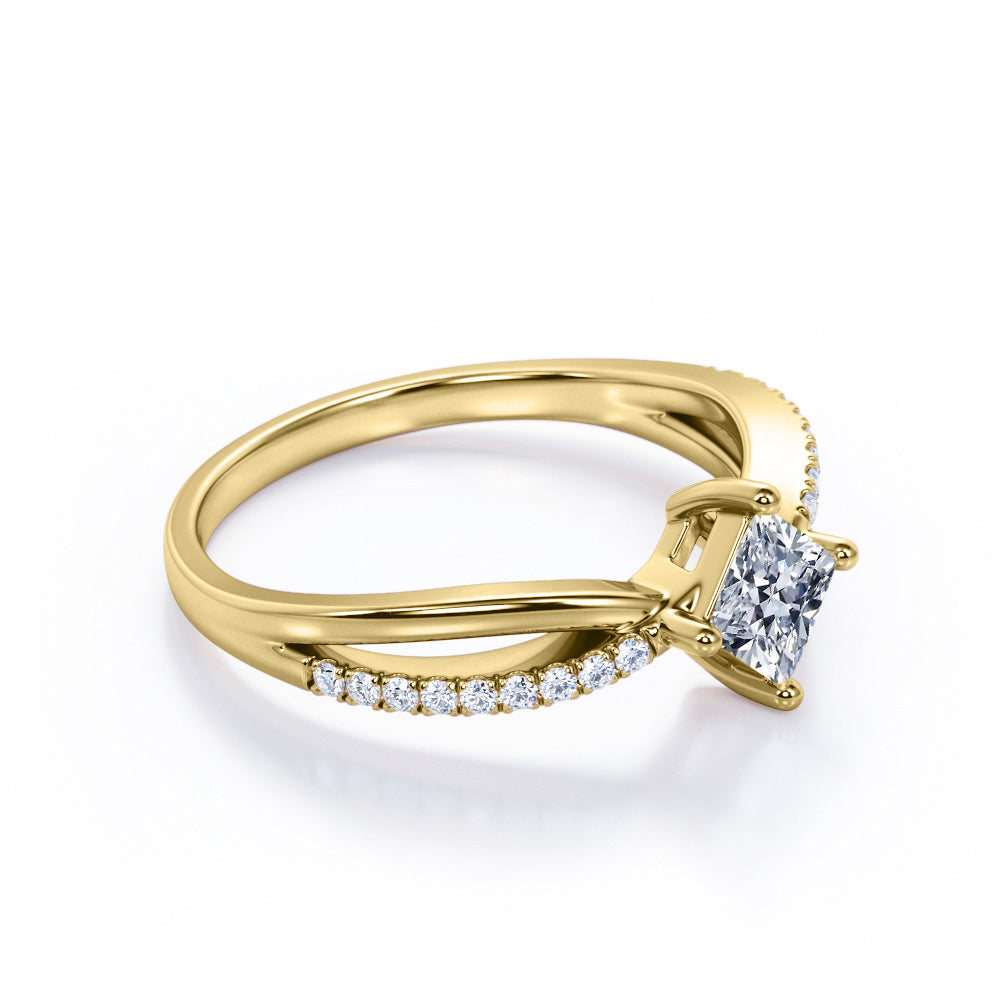 Modern 1.15 carat Princess cut Moissanite and diamond-compass four prong-split shank engagement ring for women