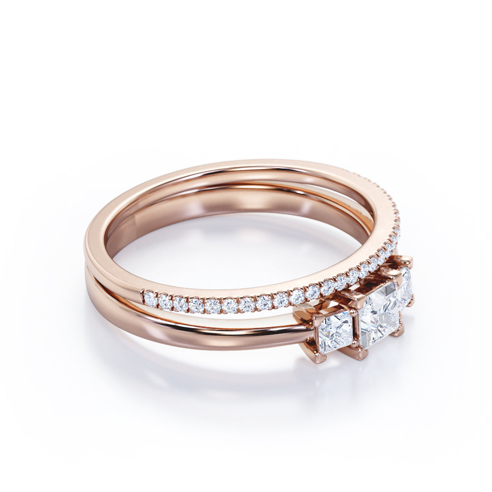 Antique Trilogy 0.85 carat Princess cut Moissanite and diamond eternity wedding ring set for women in White gold