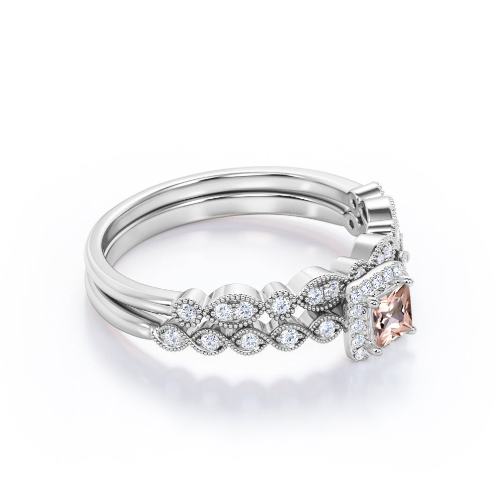 Vintage scalloped 1.25 carat Princess cut Peach Morganite and diamond antique bridal set for women in yellow gold