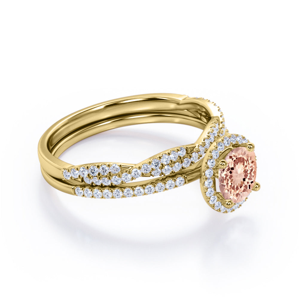 Art Deco Halo 1.65 carat Round cut Morganite and diamonds half pave infinity wedding ring set in White gold