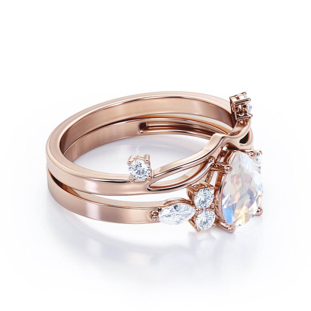 Unique Split Shank 1.25 carat Pear Shaped Moonstone and diamond chevron wedding ring set for women in White gold