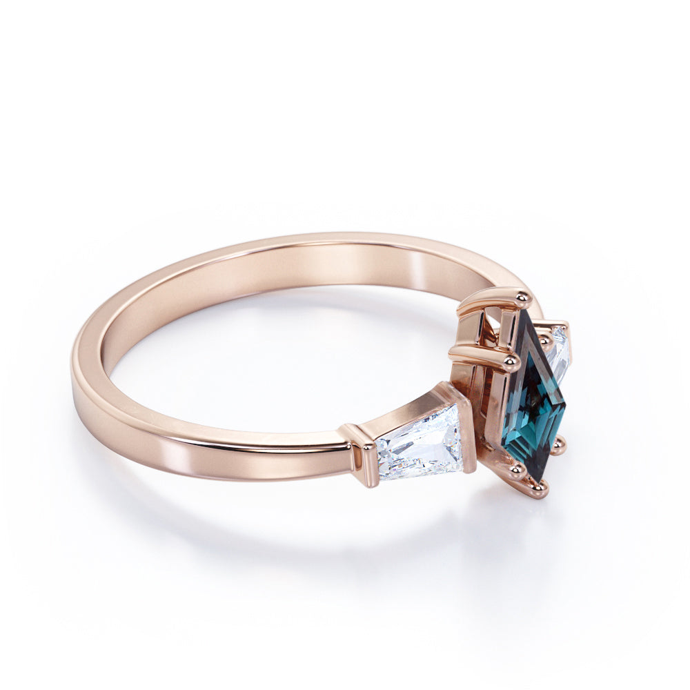 Baguette style 1.1 carat Kite shaped Alexandrite and diamond unique three stone engagement ring in White gold
