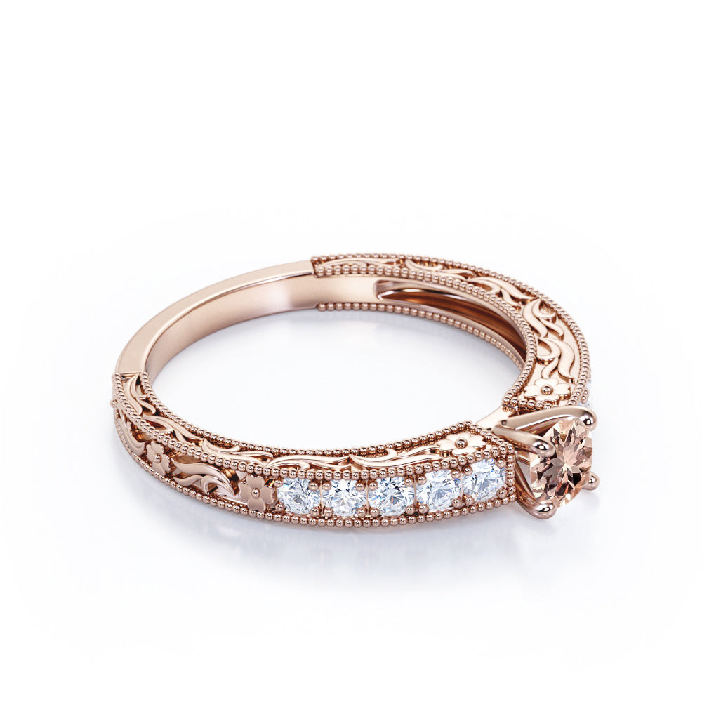 Art Nouveau style 0.75 carat Round cut Peach Morganite and diamond shared prong engagement ring in White gold