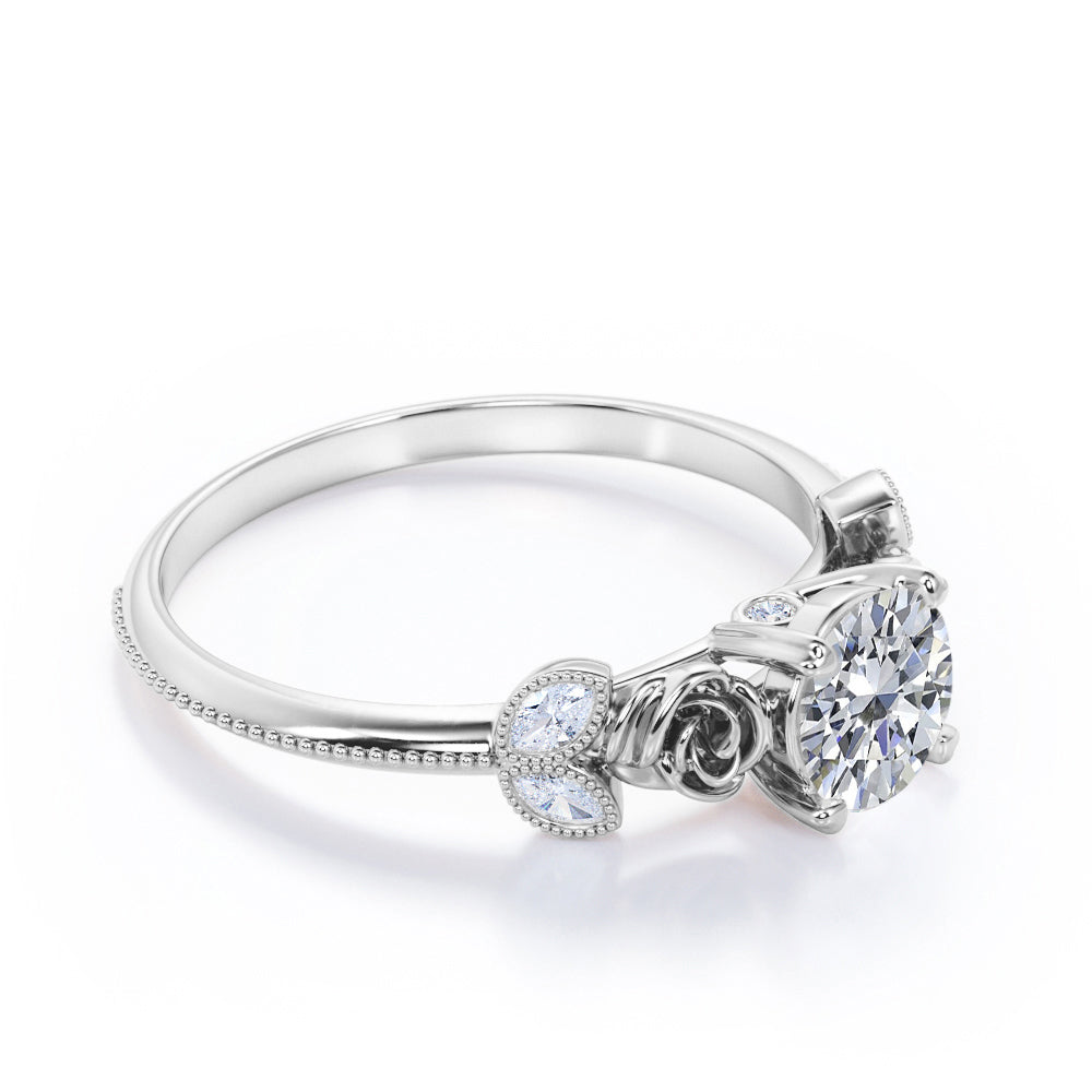 Double roses 1.15 carat Round cut Moissanite and marquise diamonds 4 prong engagement ring in Rose gold