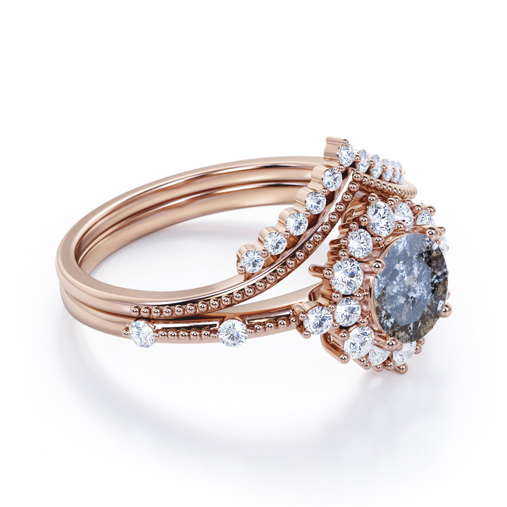 Beaded chevron 1 carat Round cut Salt and pepper diamond and White diamond clustered halo wedding ring set in Black gold