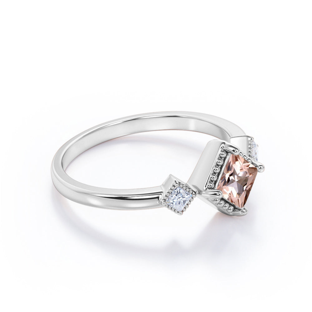 Vintage style 1.1 carat Princess cut Peach Morganite and diamond three stone Milgrain ring for women- Engagement ring in White gold