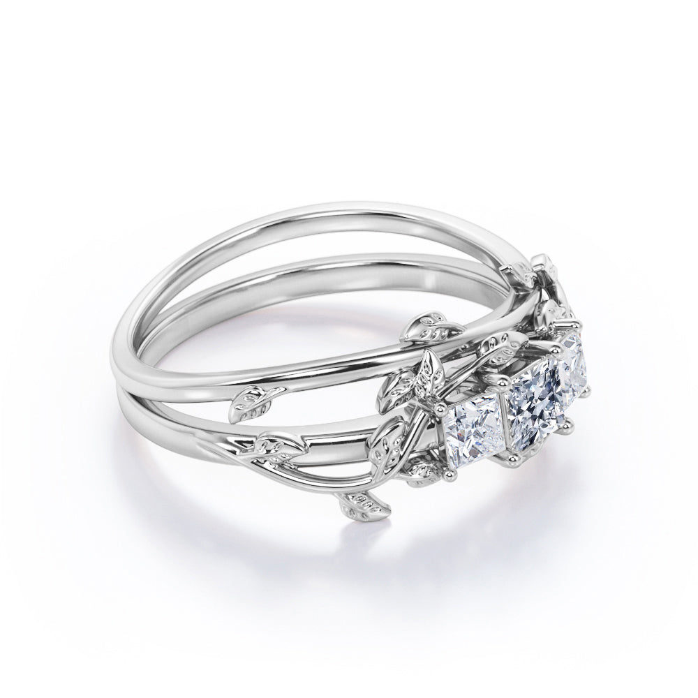 Triple stone 1.1 carat Princess cut Moissanite nature themed wedding rings for women in gold- Bridal ring set