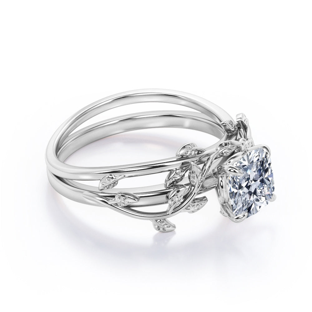 Twist Branch design 1 carat cushion cut Moissanite leaf wedding ring set in White gold