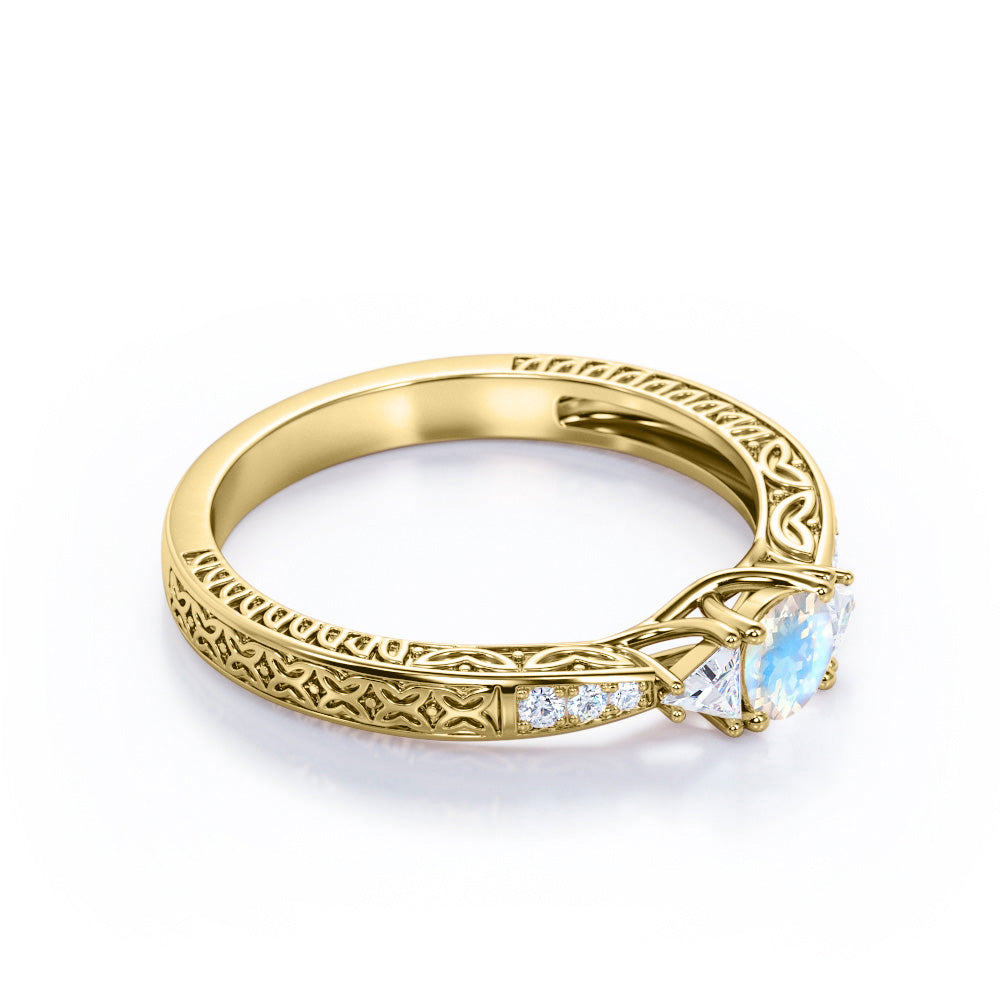 Vintage Filigree 1.15 carat Round cut Moonstone and diamond trillion cut engagement ring for women in Rose gold