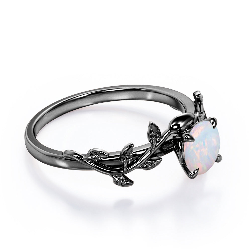 Classic nature inspired 1 carat Round cut Australian Opal vine and leaf engagement ring in White gold
