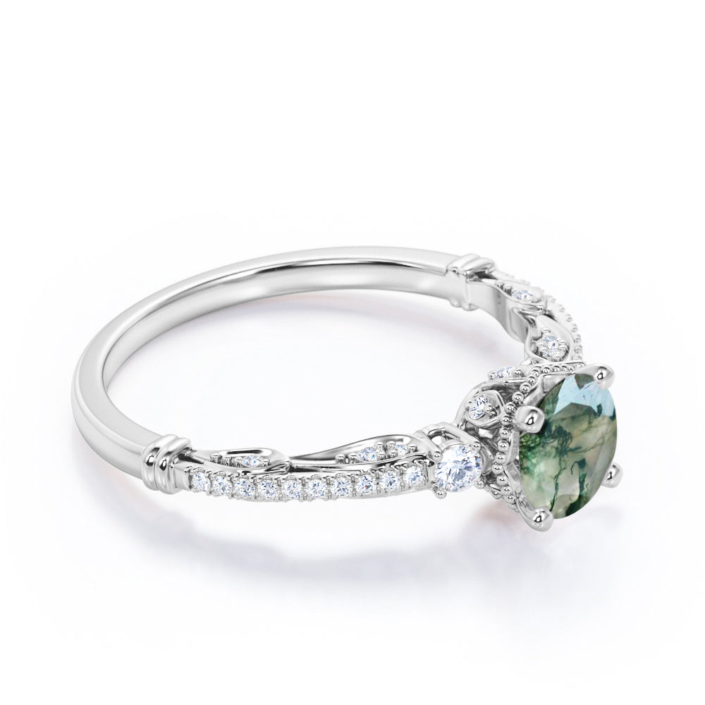 Vintage Bead décor 1.4 carat Round cut Moss Agate and diamond-pave filigree-three stone engagement ring in Black gold