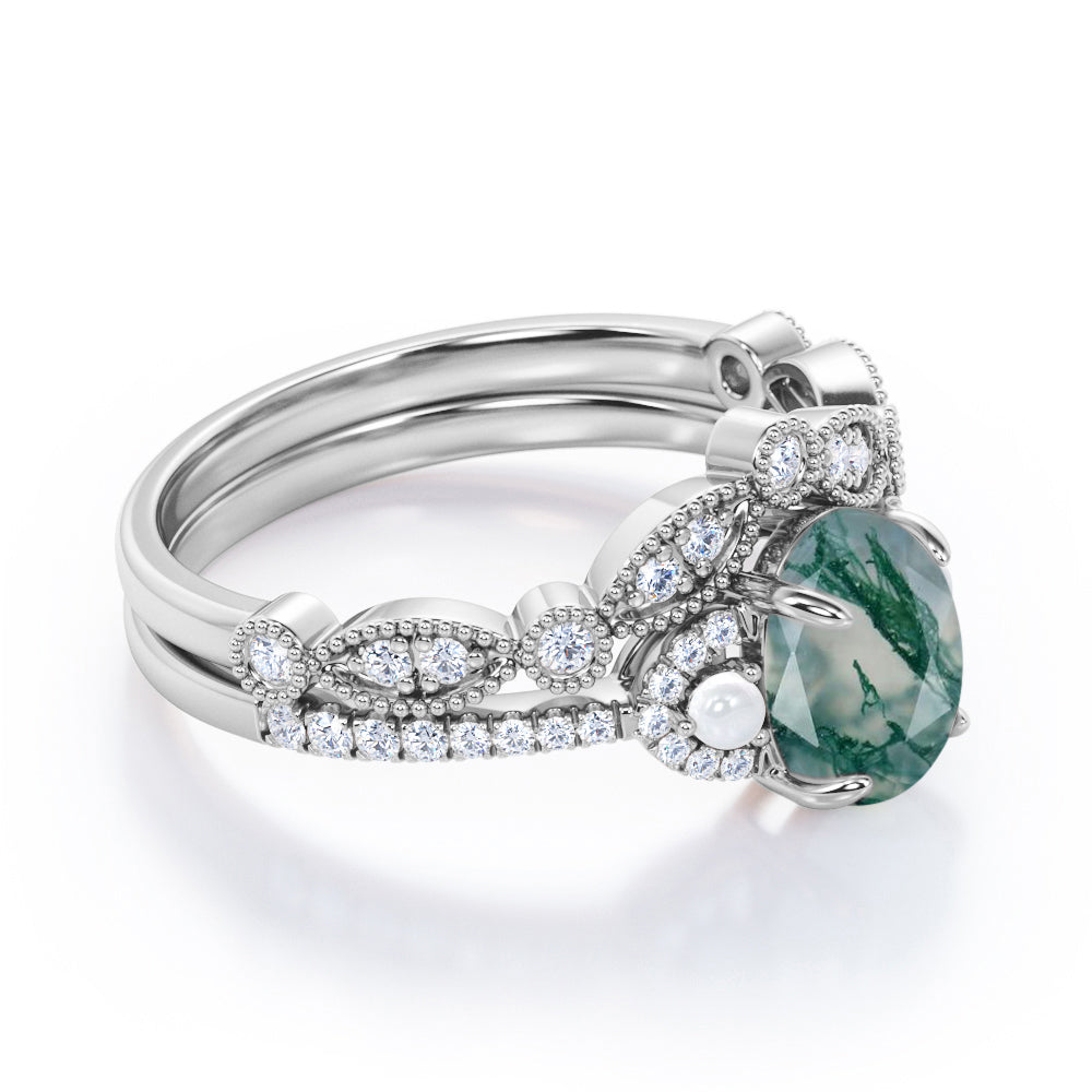 Victorian style Milgrain 1.55 carat Oval cut Moss Green Agate, diamond and pearl art nouveau Bridal set for women in Rose gold
