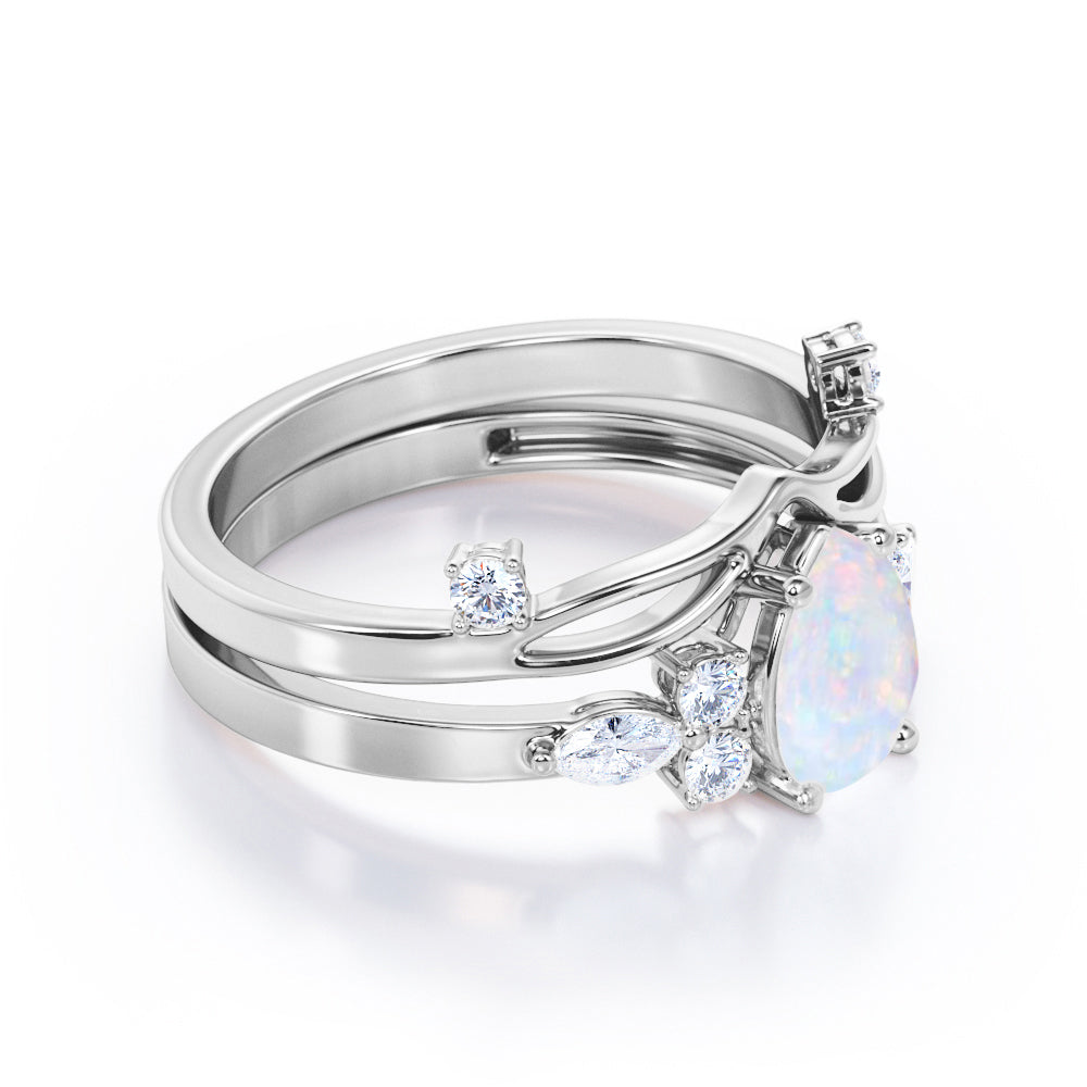 Mid century-Modern inspired 1.35 carat Pear cut Opal and diamond vintage art deco bridal set for her in White gold