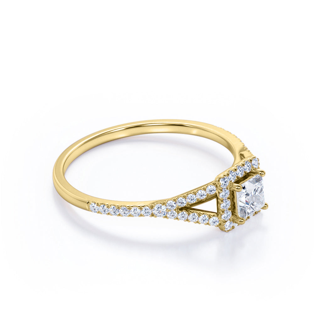 Halo Split shank 0.75 carat Princess cut Moissanite and diamond engagement ring in Rose gold