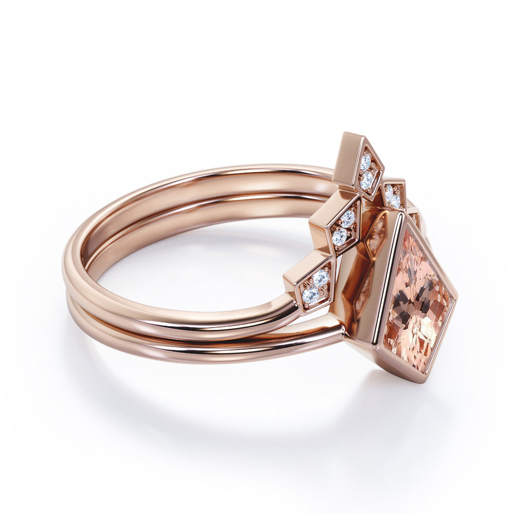 Antique Bezel Tiara 1.15 carat Kite Shaped Morganite and diamond wedding ring set for women in White gold
